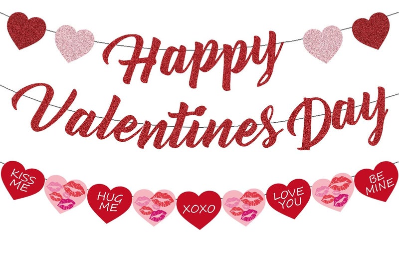Festiko®Happy Valentines Day Banner, Valentines Day Decoration-Red Pink Glitter, Valentines Day Banner,Conversation Hearts Decor,Hearts Garland Banner, Valentines Garland,Candy Hearts Decorations - Image 1