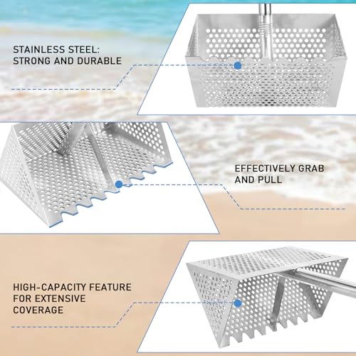 Woxnoc Sand Flea Rake, Long Handle Sand Sifter with 65-Inch Pole - Stainless Steel Shark Tooth Sifter, 13-Inch Wide Mesh Screen for Beach, Seaside Collecting of Fleas, Shark Teeth & Seashells - Image 4