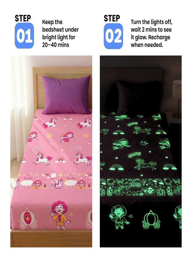 Famyo Glow in the Dark Fitted Bedsheet Set for Kids – June the Unicorn Design, Soft 300 TC Cotton-Blend Microfiber, Gentle Glow Bedding with 2 Pillow Covers for Kids Room (King Size) - Image 3