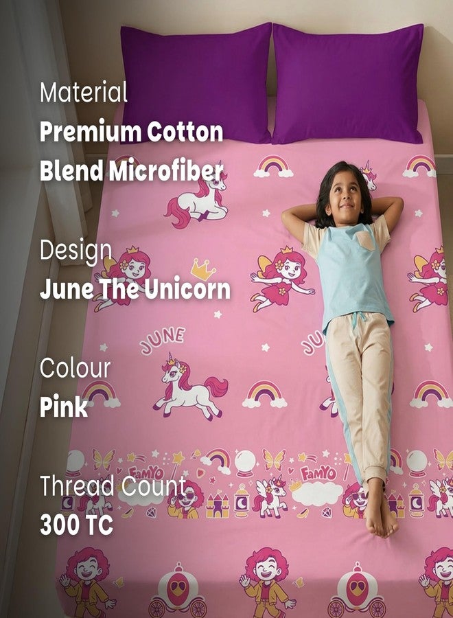 Famyo Glow in the Dark Fitted Bedsheet Set for Kids – June the Unicorn Design, Soft 300 TC Cotton-Blend Microfiber, Gentle Glow Bedding with 2 Pillow Covers for Kids Room (King Size) - Image 2
