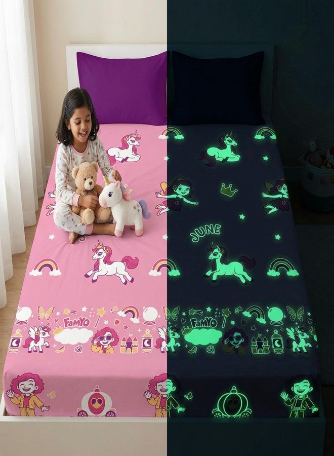 Famyo Glow in the Dark Fitted Bedsheet Set for Kids – June the Unicorn Design, Soft 300 TC Cotton-Blend Microfiber, Gentle Glow Bedding with 2 Pillow Covers for Kids Room (King Size) - Image 1