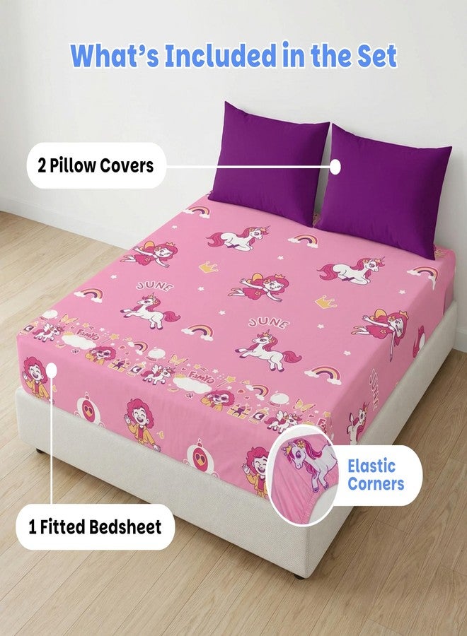 Famyo Glow in the Dark Fitted Bedsheet Set for Kids – June the Unicorn Design, Soft 300 TC Cotton-Blend Microfiber, Gentle Glow Bedding with 2 Pillow Covers for Kids Room (King Size) - Image 4