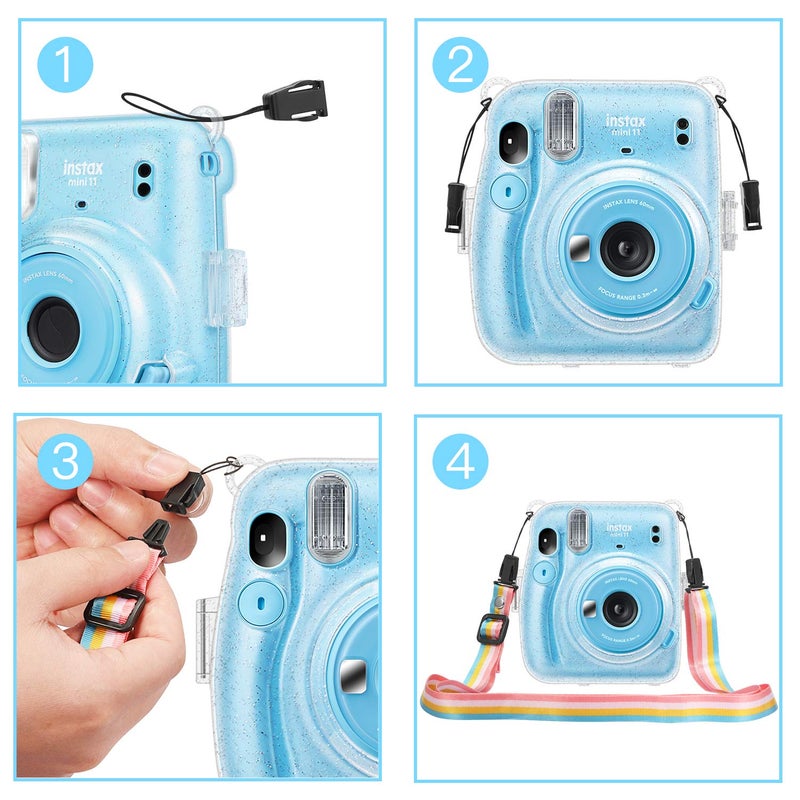 Fintie Protective Clear Case for Fujifilm Instax Mini 11 Instant Film Camera - Crystal Hard Shell Cover with Removable Rainbow Shoulder Strap, Glittering Blue - Image 5