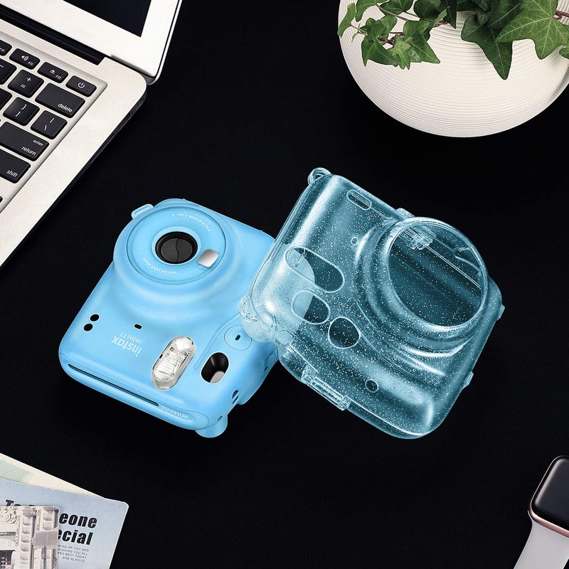 Fintie Protective Clear Case for Fujifilm Instax Mini 11 Instant Film Camera - Crystal Hard Shell Cover with Removable Rainbow Shoulder Strap, Glittering Blue - Image 3
