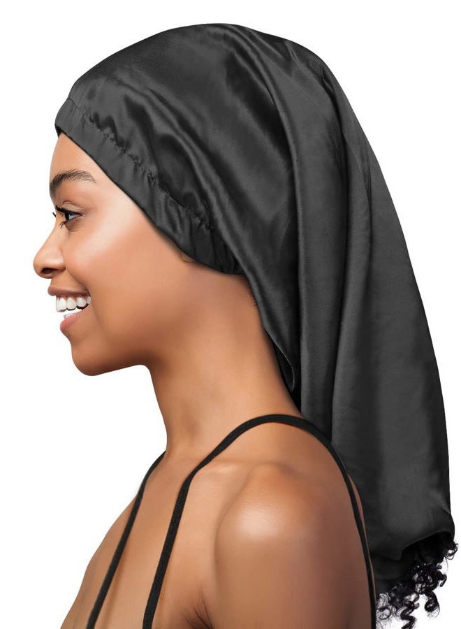 Heerf Extra Long Satin Bonnet Sleeping Hat Beanie Cap Baggy Hair Covering Black - Image 2
