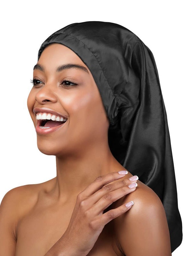 Heerf Extra Long Satin Bonnet Sleeping Hat Beanie Cap Baggy Hair Covering Black - Image 1