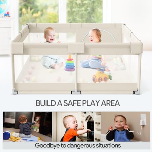 Fodoss Baby Playpen, Upgrade Playpen for Babies and Toddlers, 47x47inch Beige Play Pen for Babies with Hand Pulling Ring, Play Pen Center for Kids,Baby Fence,Kids Playards - Image 5