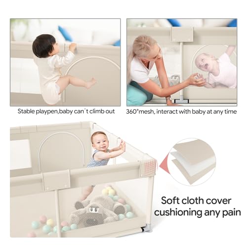 Fodoss Baby Playpen, Upgrade Playpen for Babies and Toddlers, 47x47inch Beige Play Pen for Babies with Hand Pulling Ring, Play Pen Center for Kids,Baby Fence,Kids Playards - Image 4