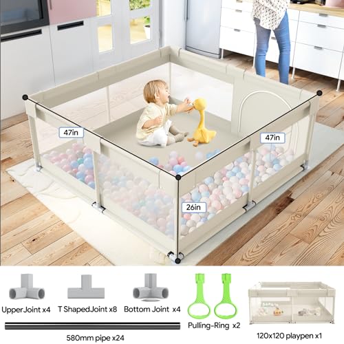 Fodoss Baby Playpen, Upgrade Playpen for Babies and Toddlers, 47x47inch Beige Play Pen for Babies with Hand Pulling Ring, Play Pen Center for Kids,Baby Fence,Kids Playards - Image 2
