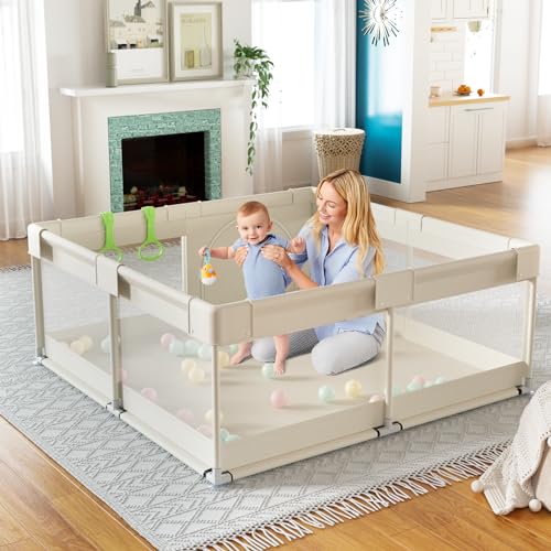 Fodoss Baby Playpen, Upgrade Playpen for Babies and Toddlers, 47x47inch Beige Play Pen for Babies with Hand Pulling Ring, Play Pen Center for Kids,Baby Fence,Kids Playards - Image 1