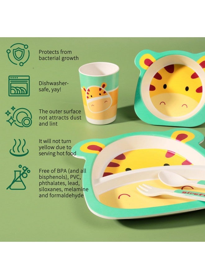 PHEENOWL طقم أدوات تناول الطعام للأطفال من PHEENOWL، 5 قطع يتضمن طبق مقسم، وعاء، كوب، شوكة، ملعقة، أدوات، خالي من BPA، مصنوع من ألياف الخيزران، مثالي للأولاد - زرافة - Image 4