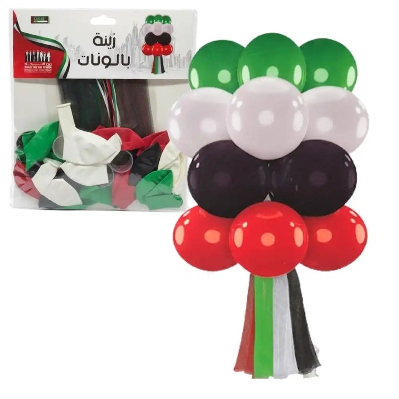 Happy National Day Themed Colored Balloon With Net Ribbon For UAE National Day- 12pcs
