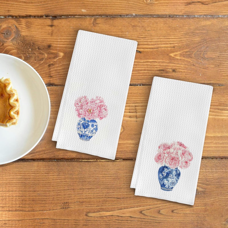Qpenm Chinoiserie Blue and White Porcelain Kitchen Towels Set of 2, Chinoiserie Decor Dish Towels for Kitchen, Pink Floral Chinoiserie Decorative Hand Towels for Bathroom Kitchen, 16x24 Inches - Image 3