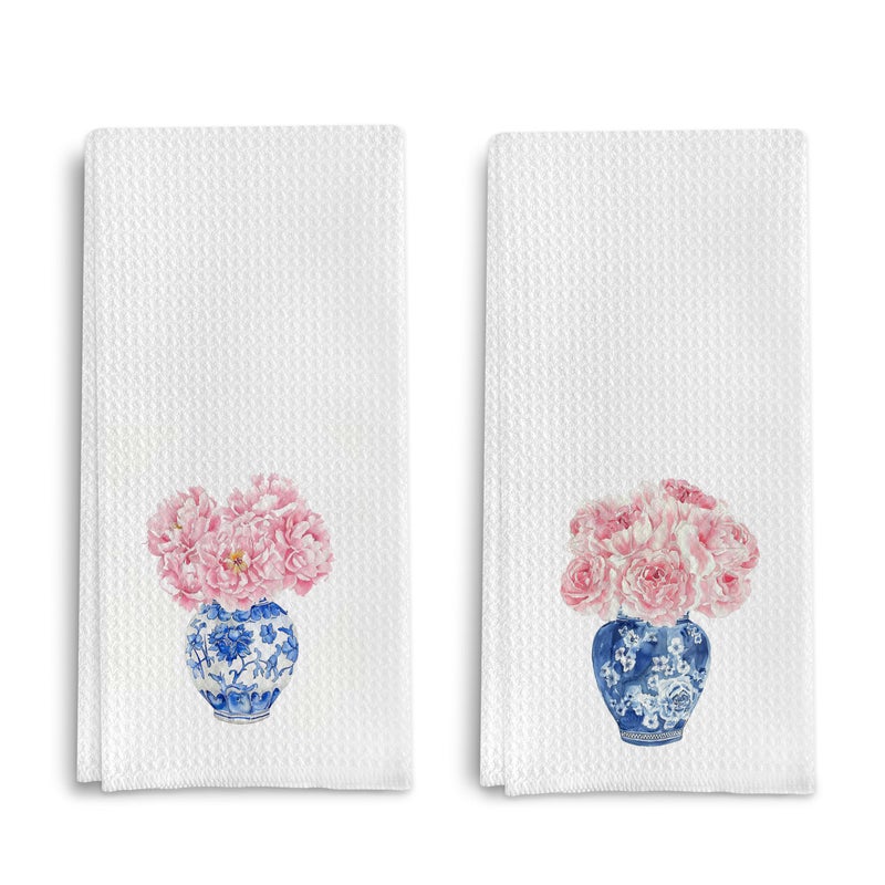 Qpenm Chinoiserie Blue and White Porcelain Kitchen Towels Set of 2, Chinoiserie Decor Dish Towels for Kitchen, Pink Floral Chinoiserie Decorative Hand Towels for Bathroom Kitchen, 16x24 Inches - Image 1