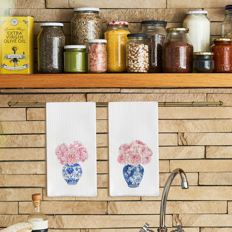 Qpenm Chinoiserie Blue and White Porcelain Kitchen Towels Set of 2, Chinoiserie Decor Dish Towels for Kitchen, Pink Floral Chinoiserie Decorative Hand Towels for Bathroom Kitchen, 16x24 Inches - Image 2