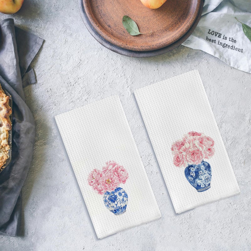 Qpenm Chinoiserie Blue and White Porcelain Kitchen Towels Set of 2, Chinoiserie Decor Dish Towels for Kitchen, Pink Floral Chinoiserie Decorative Hand Towels for Bathroom Kitchen, 16x24 Inches - Image 4
