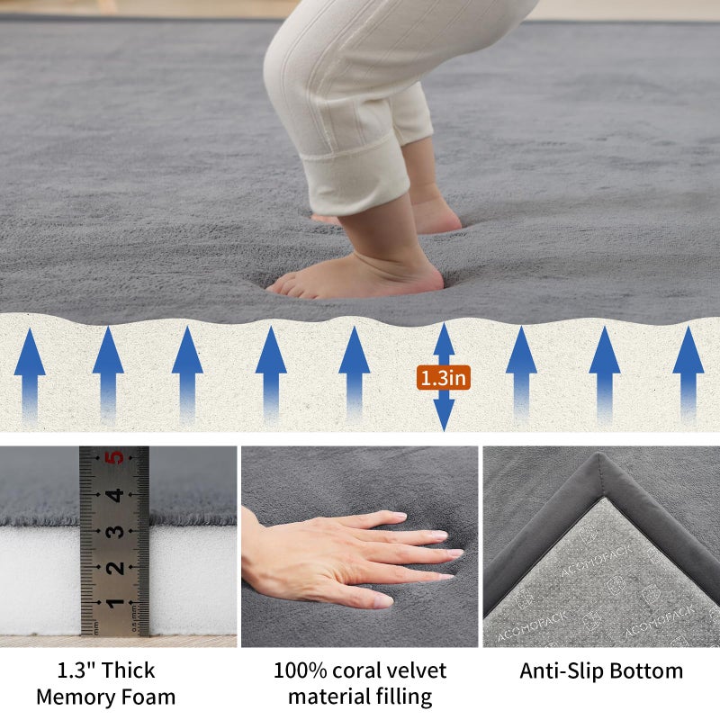 ACOMOPACK Baby Play Mat Area Rug for Living Room 1.3" Thick Memory Foam 59"Ã—71" Dark Grey- Non-Slip Bottom for Kid, Toddler, Tummy Time Crawling Mat for Floor, Soft Velvet Nursery Rugs, Yoga - Image 2