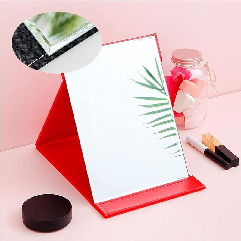 FLAVION Portable Folding Vanity Makeup Mirror, Slim Pu Leather Folding Makeup Tabletop Travel Cosmetic Mirror with Standing (White), Framed, Rectangular (RED, Pack of 1) - Image 3