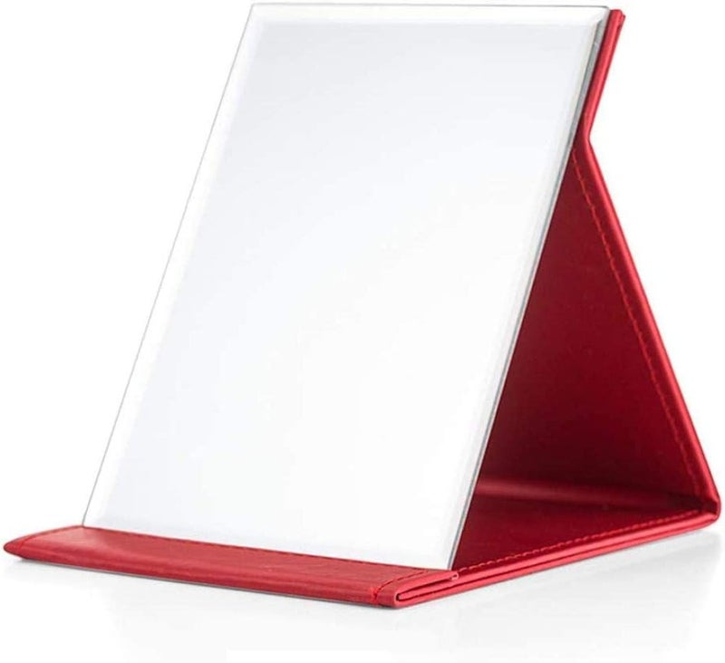 FLAVION Portable Folding Vanity Makeup Mirror, Slim Pu Leather Folding Makeup Tabletop Travel Cosmetic Mirror with Standing (White), Framed, Rectangular (RED, Pack of 1) - Image 1