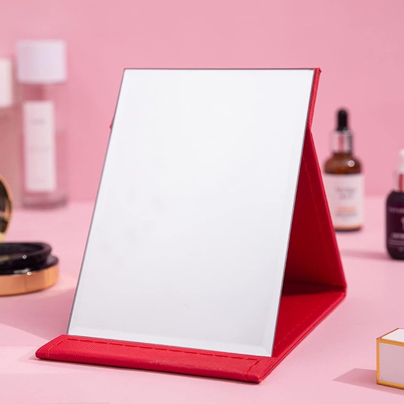 FLAVION Portable Folding Vanity Makeup Mirror, Slim Pu Leather Folding Makeup Tabletop Travel Cosmetic Mirror with Standing (White), Framed, Rectangular (RED, Pack of 1) - Image 2