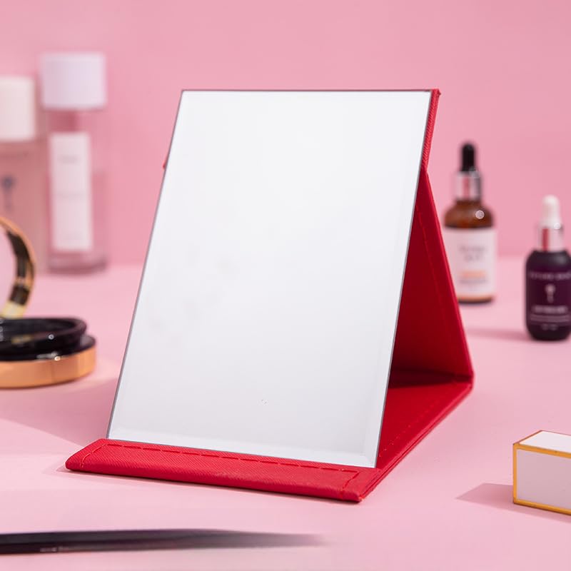 FLAVION Portable Folding Vanity Makeup Mirror, Slim Pu Leather Folding Makeup Tabletop Travel Cosmetic Mirror with Standing (White), Framed, Rectangular (RED, Pack of 1) - Image 5