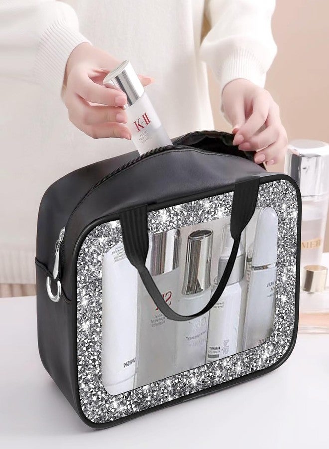 Meetart Clear Makeup Bag.Crushed Diamond Travel Toiletry Bag with Detachable Shoulder Strap.Transparent Cosmetic Bag for Travel, Bathroom Storage.(Black) - Image 2