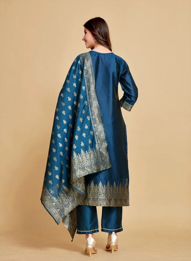 ISHIN Women's Teal 100% Cotton Woven Design Straight Fit Kurta Set