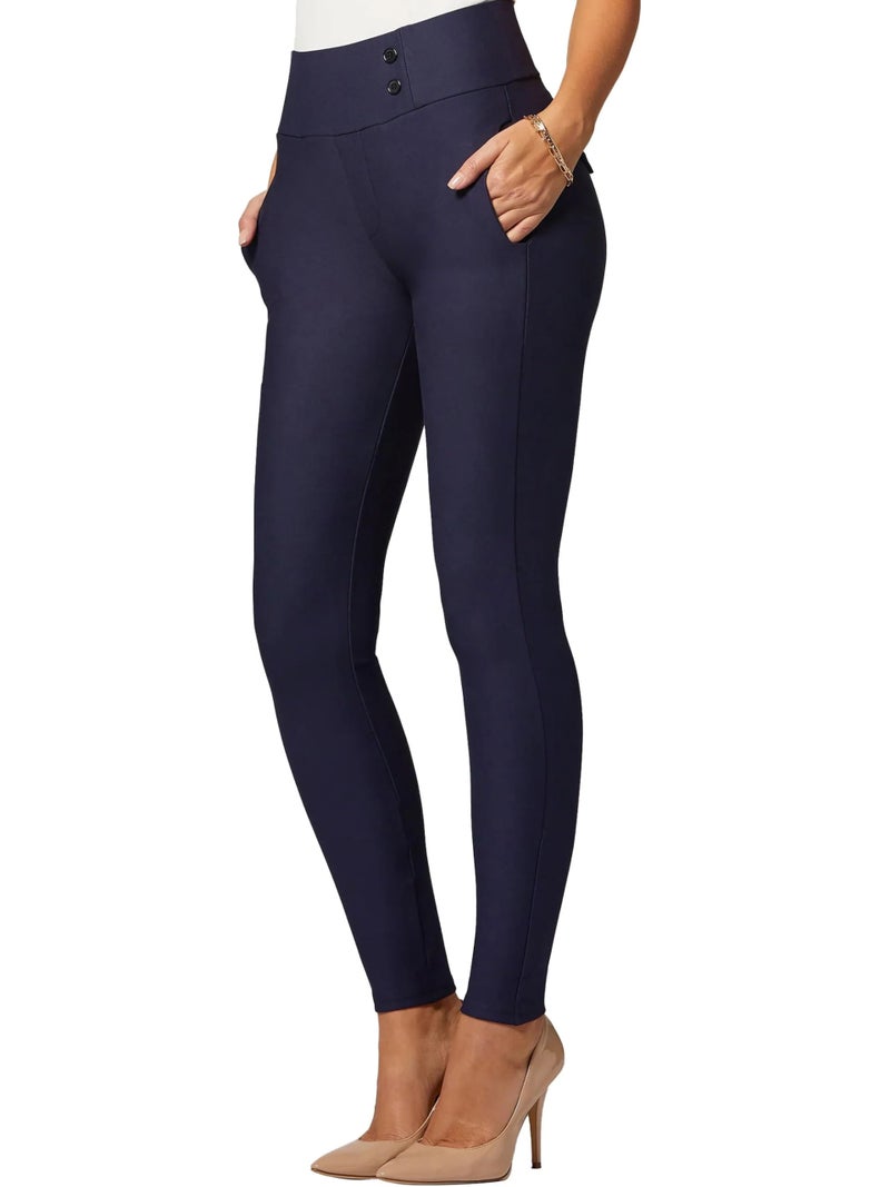 Conceited Womens Dress Pants with Tummy Control Wear to Work Stretch High Waisted Slacks with Pockets Navy Blue Large