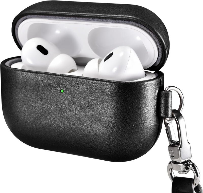 آيكيرير غطاء جلدي لـ AirPods Pro 3 2025، غطاء واقي ضد الصدمات من الجلد الطبيعي الممتاز مع حزام تعليق لعلبة شحن سماعات Apple AirPods Pro 3 يدعم الشحن اللاسلكي - أسود - Image 1