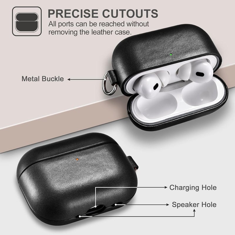 آيكيرير غطاء جلدي لـ AirPods Pro 3 2025، غطاء واقي ضد الصدمات من الجلد الطبيعي الممتاز مع حزام تعليق لعلبة شحن سماعات Apple AirPods Pro 3 يدعم الشحن اللاسلكي - أسود - Image 4