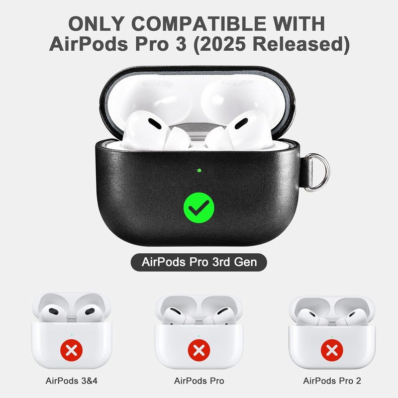 آيكيرير غطاء جلدي لـ AirPods Pro 3 2025، غطاء واقي ضد الصدمات من الجلد الطبيعي الممتاز مع حزام تعليق لعلبة شحن سماعات Apple AirPods Pro 3 يدعم الشحن اللاسلكي - أسود - Image 2