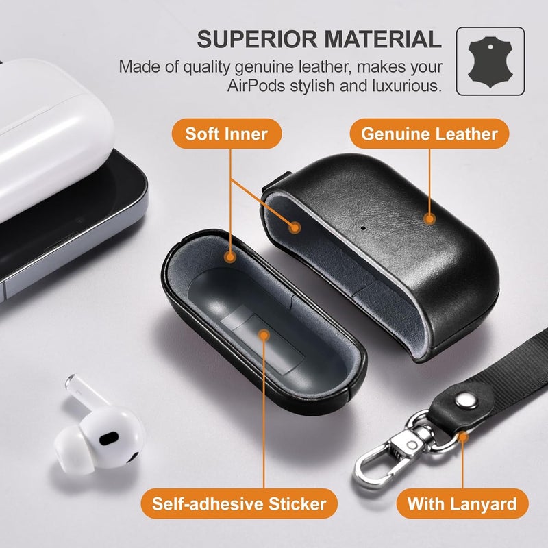 آيكيرير غطاء جلدي لـ AirPods Pro 3 2025، غطاء واقي ضد الصدمات من الجلد الطبيعي الممتاز مع حزام تعليق لعلبة شحن سماعات Apple AirPods Pro 3 يدعم الشحن اللاسلكي - أسود - Image 3