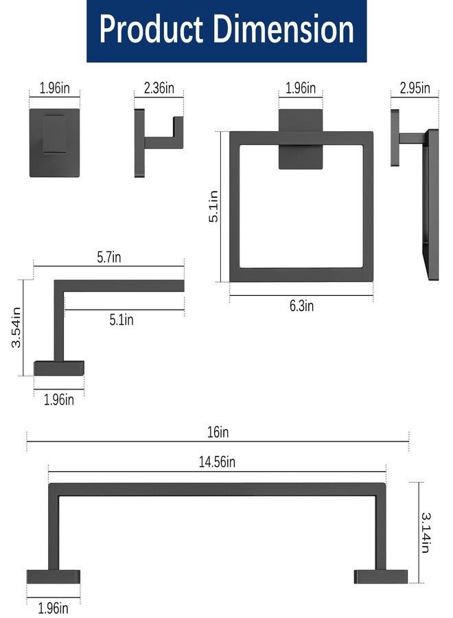 Gypie 5-Piece Bathroom Hardware Accessories Set, Towel Racks for Bathroom Wall Mounted Stainless Steel, Matte Black Towel Bar Set 16In - Image 5