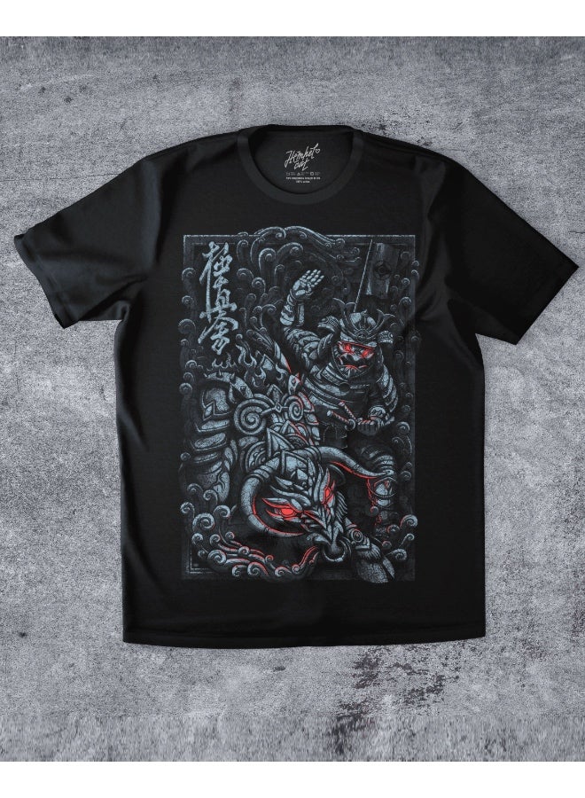 Hempelcat Power of Samurai Men's Casual T-Shirt Black 100% Pure Cotton Graphic Print Exclusive Edition Premium Quality Martial Arts - Image 1