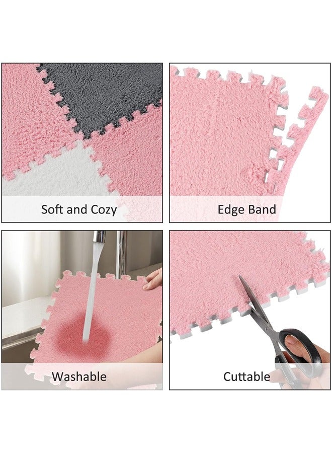 18 Pcs Plush Foam Floor Mat Square Interlocking Carpet Tiles with Border Fluffy Play Mat Floor Tiles Soft Climbing Area Rugs for Home Playroom Decor, 30x30x1cm (White, Light Pink,Grey) - Image 4