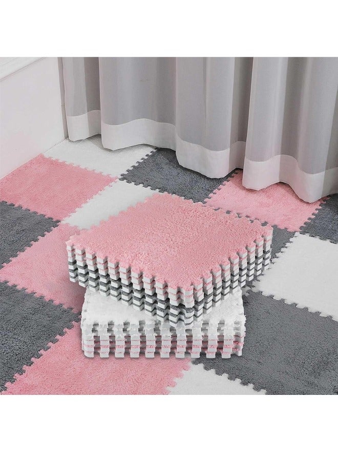 18 Pcs Plush Foam Floor Mat Square Interlocking Carpet Tiles with Border Fluffy Play Mat Floor Tiles Soft Climbing Area Rugs for Home Playroom Decor, 30x30x1cm (White, Light Pink,Grey) - Image 3