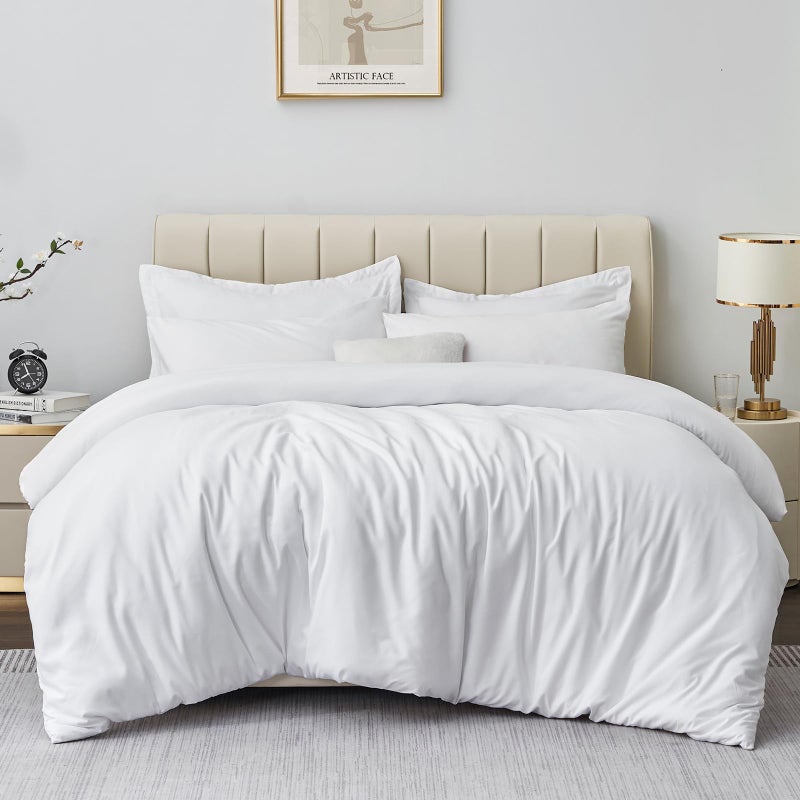 Aisbo Double Duvet Covers Set White  3Pcs Bedding Set Double Bed Soft Brushed Microfiber Quilt Cover with 2 Pillowcases