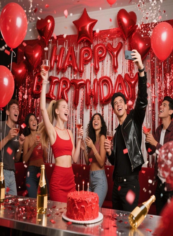WEIKA 29 Pcs Red Birthday Party Decorations - Happy Birthday Balloons Banner Red, Heart & Star Foil Balloons, Confetti & Latex Balloon, Foil Fringe Curtains Party Supplies for Women - Image 3