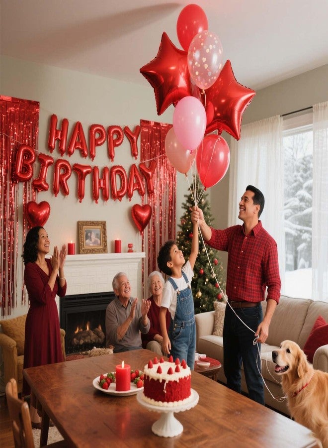 WEIKA 29 Pcs Red Birthday Party Decorations - Happy Birthday Balloons Banner Red, Heart & Star Foil Balloons, Confetti & Latex Balloon, Foil Fringe Curtains Party Supplies for Women - Image 5