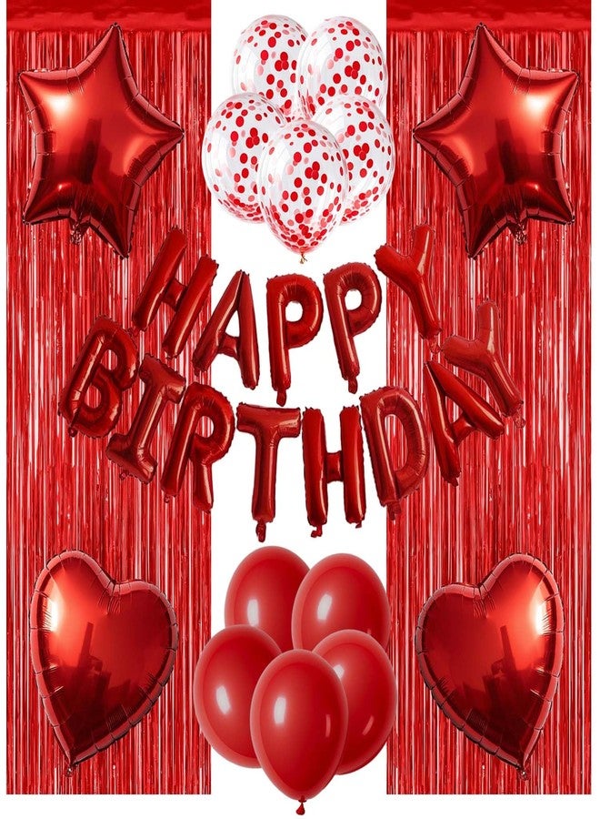 WEIKA 29 Pcs Red Birthday Party Decorations - Happy Birthday Balloons Banner Red, Heart & Star Foil Balloons, Confetti & Latex Balloon, Foil Fringe Curtains Party Supplies for Women - Image 1