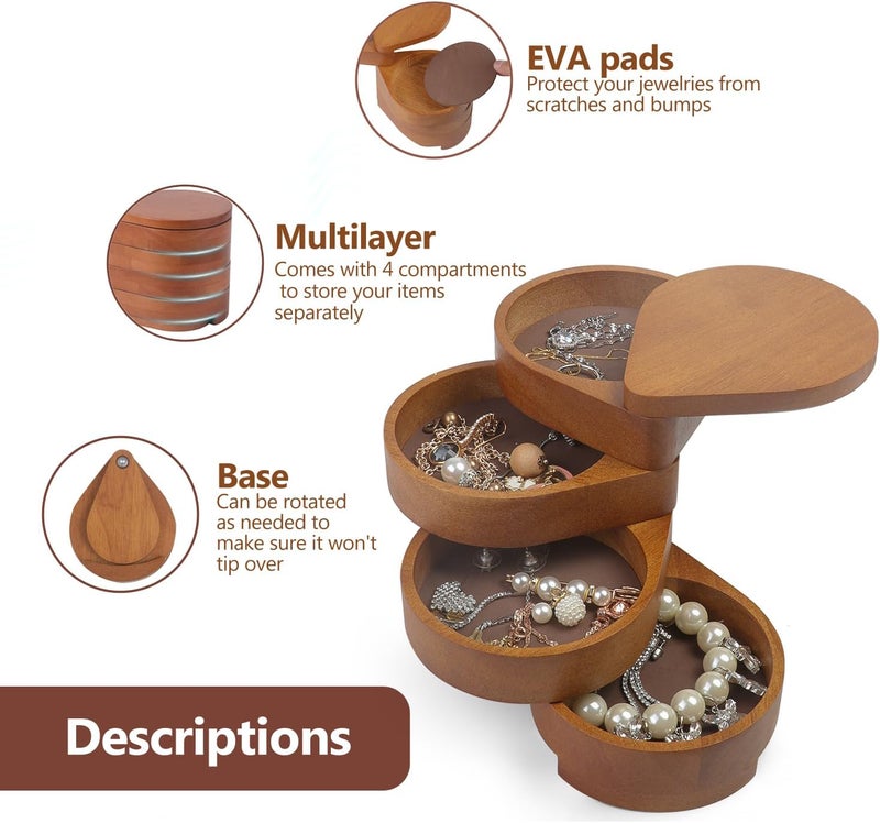 JSVER Portable Jewelry Organizer Wooden Jewelry Box 4Layer Rotatable Jewelry Holder Travel Jewelry Organizer For Rings Necklaces Earrings Bracelets - Image 3
