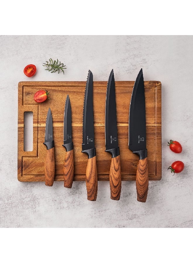 HATCHEN 6-Piece Elegant Kitchen Knife Set with Wooden Chopping Board Brown and Black 37.3 x 32.7 x 2.7 cm BHS013 - Image 3