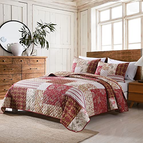 Yvooxny King Quilt Set Quilted Bedspread Country Farmhouse Cottage Vintage Ditsy Floral Paisley Style Reversible Lightweight Coverlet Set Real Patchwork Quilt for All Seasons, Antique Rose, King Size - Image 2
