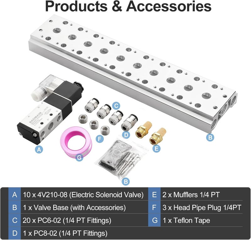 Baomain 10 Station Solenoid Valve Manifold, 12V DC 5 Way 2 Position Pneumatic Air Valve, Ten Solenoid, 1/4" PT Port, Includes Manifold Base & Mufflers, 4V210-08 - Image 3