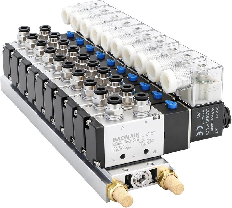 Baomain 10 Station Solenoid Valve Manifold, 12V DC 5 Way 2 Position Pneumatic Air Valve, Ten Solenoid, 1/4" PT Port, Includes Manifold Base & Mufflers, 4V210-08 - Image 1
