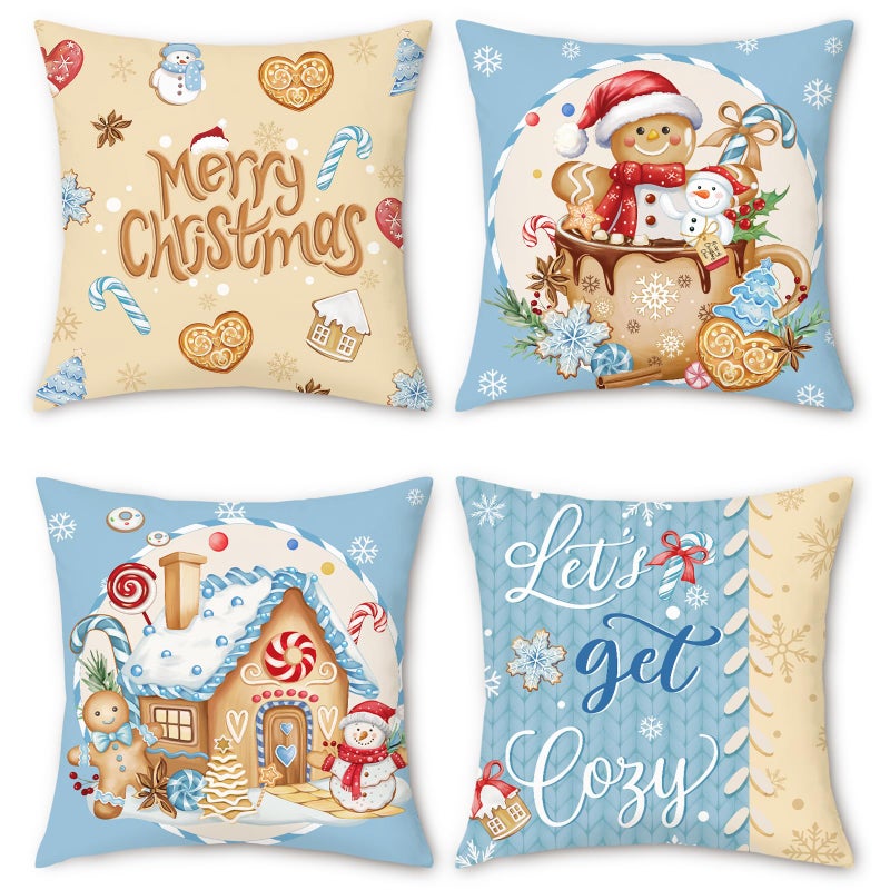 Bonhause Christmas Gingerbread Man Throw Pillow Covers 18x18 Inch Bakery House Hot Cocoa Snowman Blue Brown Decorative Velvet Cushion Covers for Winter Holiday Couch Sofa Decor Set of 4 - Image 2