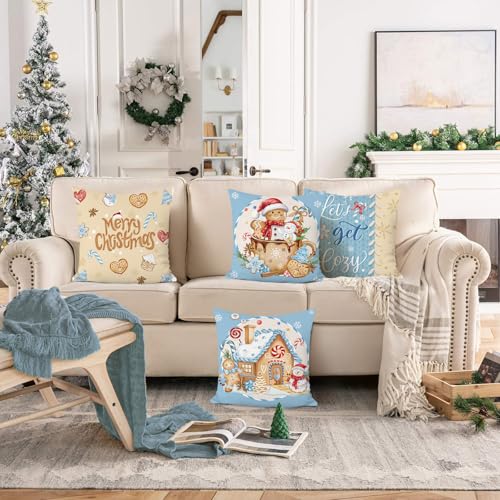 Bonhause Christmas Gingerbread Man Throw Pillow Covers 18x18 Inch Bakery House Hot Cocoa Snowman Blue Brown Decorative Velvet Cushion Covers for Winter Holiday Couch Sofa Decor Set of 4 - Image 3