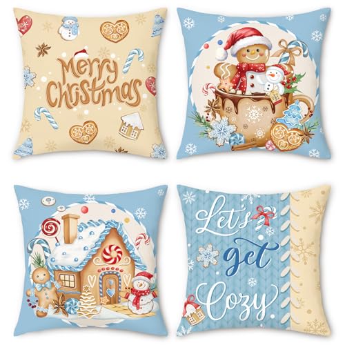 Bonhause Christmas Gingerbread Man Throw Pillow Covers 18x18 Inch Bakery House Hot Cocoa Snowman Blue Brown Decorative Velvet Cushion Covers for Winter Holiday Couch Sofa Decor Set of 4 - Image 1