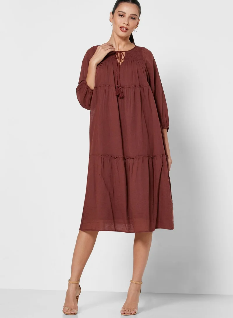 VERO MODA Tie Neck Tiered Hem Dress
