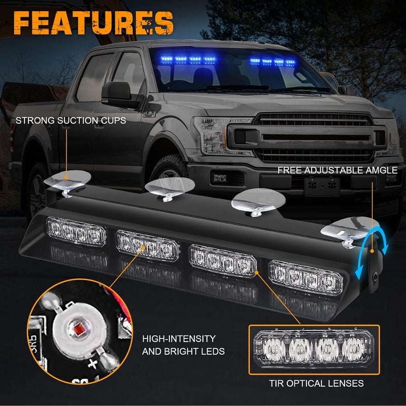 XRIDONSEN أضواء وميض الطوارئ مع أكواب شفط للواجهة الأمامية/الخلفية للزجاج الأمامي والخلفي لسيارات الشرطة والإسعاف والشاحنات (2×14 بوصة، أزرق) - Image 3